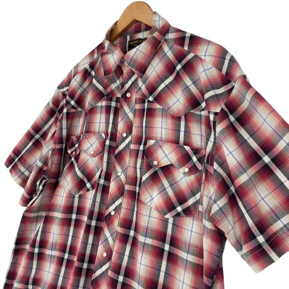 Vtg Rustler Wrangler Plaid Pearl Snap Shirt XL Red Short Sleeve Western Rodeo - Picture 7 of 11